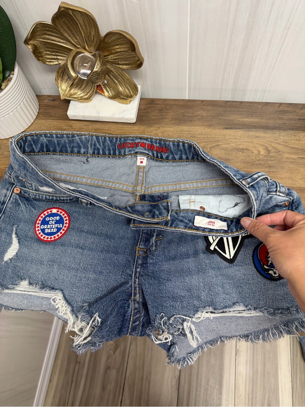 Lucky Brand Blue Distressed Denim Shorts with Patches - Picture 4 of 5